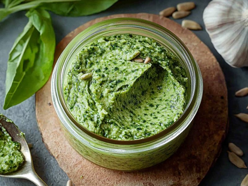 Bärlauch-Aufstrich mit Sonnenblumenkernen in einem Glas.