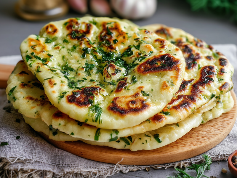 Mehrere Fladen Bärlauch-Naan liegen auf einem Holzbrett, das wiederum auf einem grauen Tuch liegt. Um das Brett herum stehen einige Schalen mit Gewürzen verteilt. Im Hintergrund sieht man die untere Seite einer Flasche mit Öl sowie einige Knoblauchknollen.