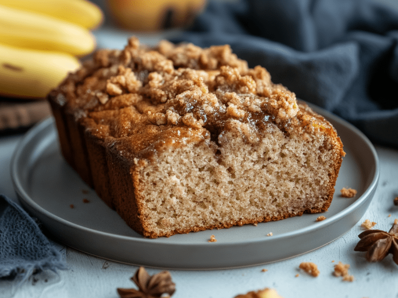 Ein Bananen-Zimt-Kuchen auf einem grauen Teller. Um ihn verteilt liegt etwas Sternanis. Im Hintergrund sieht man mehrere Bananen.