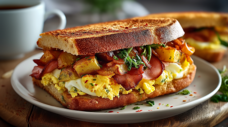 Ein Bauernfrühstücks-Sandwich auf einem hellen Teller auf einem Holzbrett. Es ist mit Rührei, Speck, Kartoffeln und Spinat belegt. Im Hintergrund links steht eine Kaffeetasse und rechts ein weiteres Bauernfrühstücks-Sandwich.