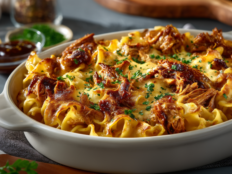 BBQ-Hähnchen-Nudelauflauf in einer Auflaufform.