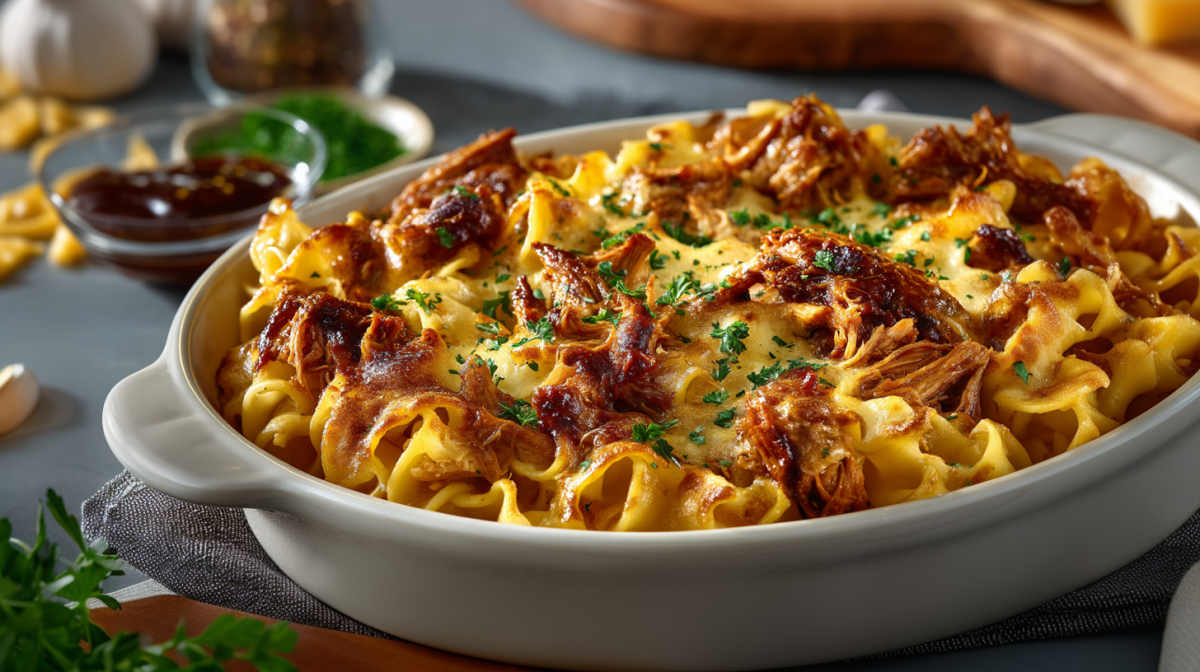 BBQ-Hähnchen-Nudelauflauf in einer Auflaufform.