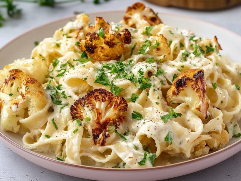 Ein großer Teller mit einer Portion Blumenkohl-Alfredo-Pasta, die mit geröstetem Blumenkohl und frischer gehackter Petersilie garniert ist. Im Hintergrund liegen Kräuter verstreut und man kann ein Holzbrett erahnen.