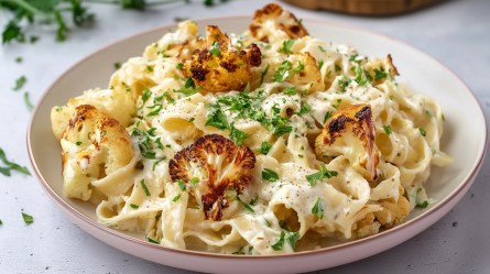 Ein großer Teller mit einer Portion Blumenkohl-Alfredo-Pasta, die mit geröstetem Blumenkohl und frischer gehackter Petersilie garniert ist. Im Hintergrund liegen Kräuter verstreut und man kann ein Holzbrett erahnen.