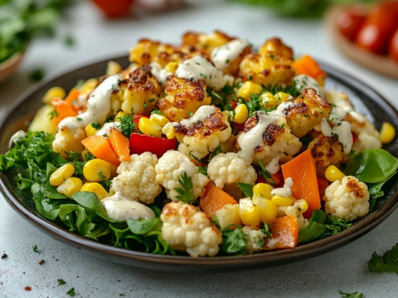 Ein Teller Blumenkohl-Brokkoli-Salat mit Mais, Karotten und Paprika, darauf verteilt etwas cremiges Dressing.