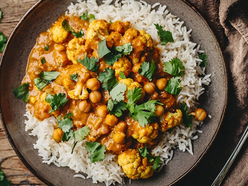 Teller mit Blumenkohl-Kichererbsen-Curry mit Reis