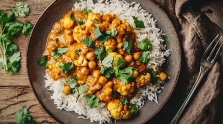 Teller mit Blumenkohl-Kichererbsen-Curry mit Reis