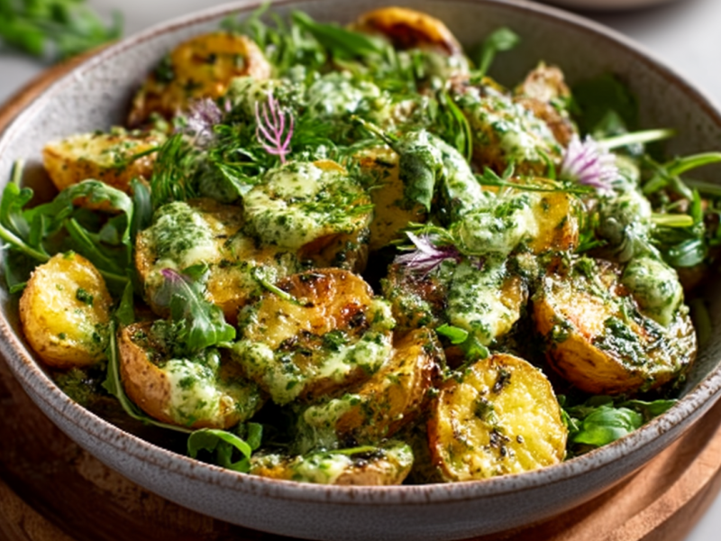Bratkartoffel-Pesto-Salat in einer Schale.