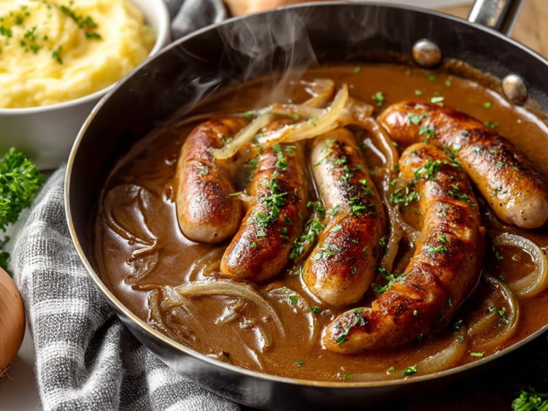 Pfanne mit Bratwurst mit Zwiebelsoße und Kartoffelpüree