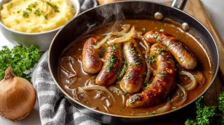 Pfanne mit Bratwurst mit Zwiebelsoße und Kartoffelpüree