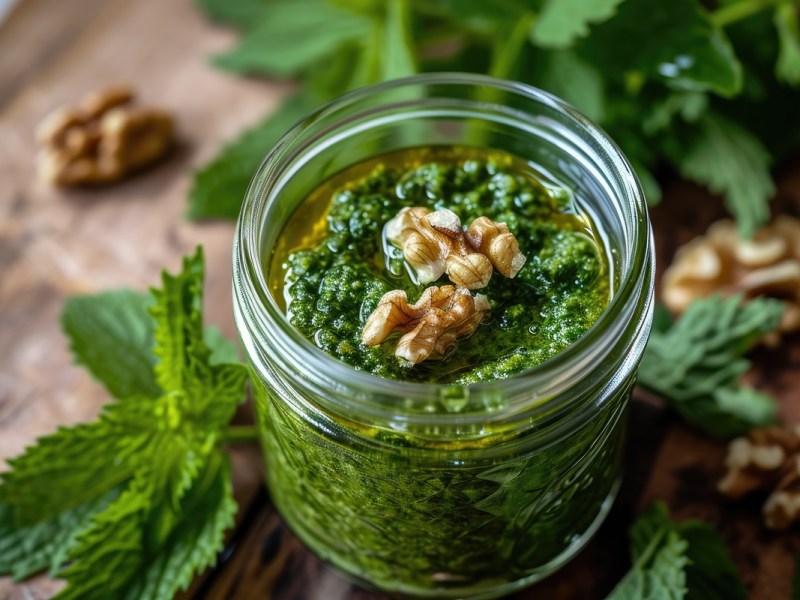 Brennnessel-Pesto mit Walnüssen in einem Einmachglas.