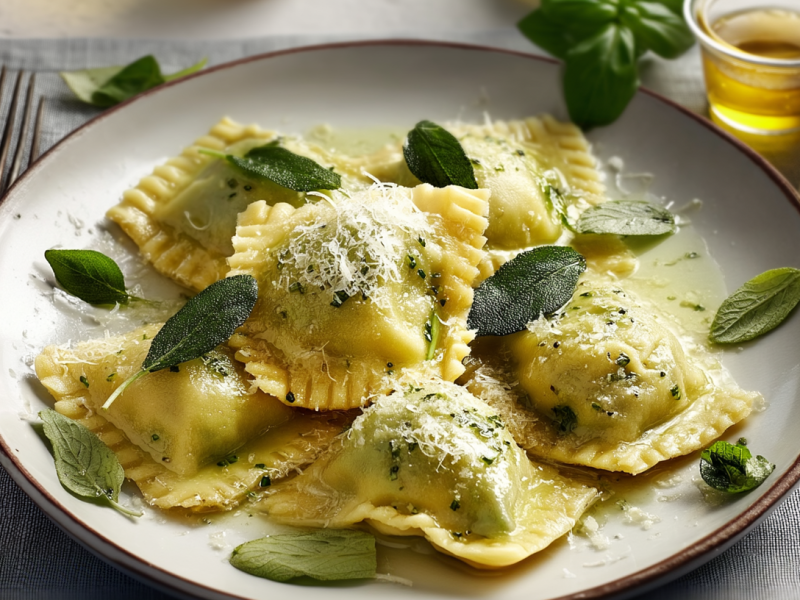 Brennnessel-Ravioli mit Salbeibutter auf einem hellen Teller.