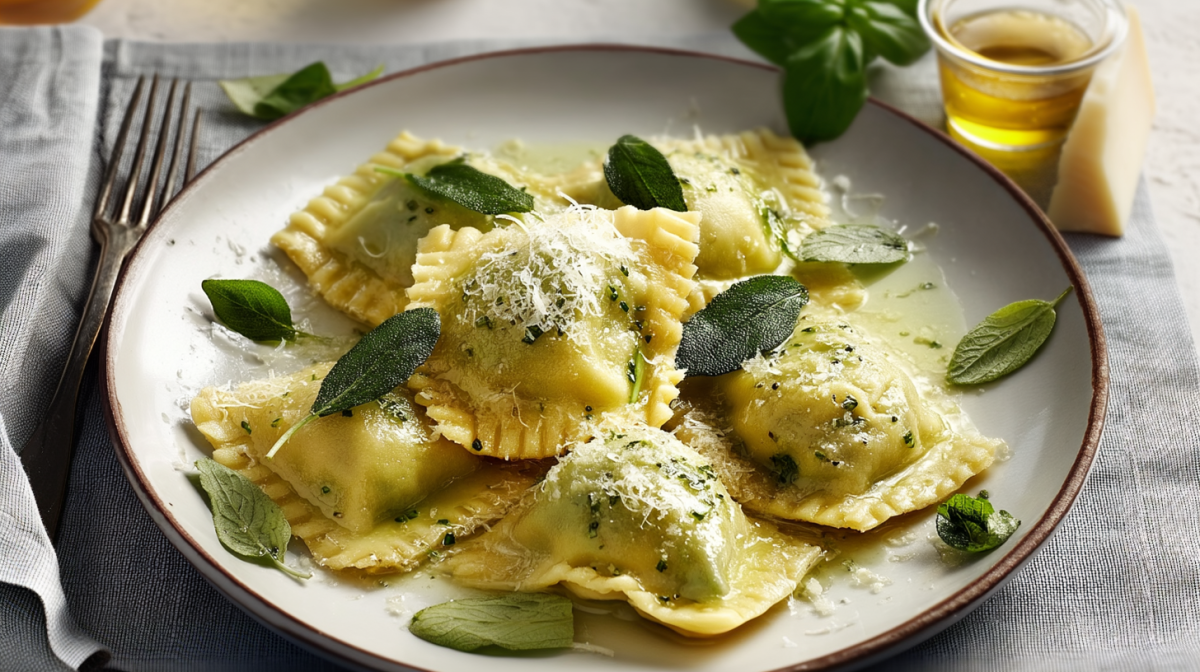 Brennnessel-Ravioli mit Salbeibutter auf einem hellen Teller.