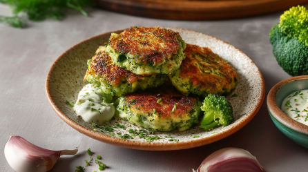 Vier Brokkoli-Bratlinge liegen auf einem Teller. Es liegt ein Stück Brokkoli daneben und sie sind mit etwas Joghurt-Knoblauch-Dip serviert. Neben dem Teller steht eine Schale mit Dip. Dahinter liegt ein Brokkolikopf. Vor dem Teller liegen zwei Knoblauchzehen.