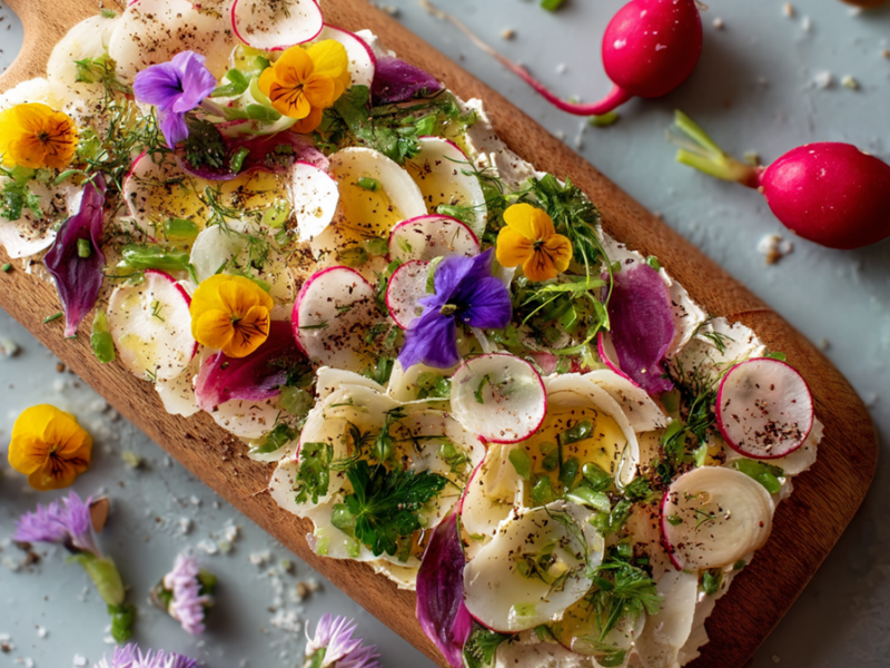Ein Butter-Board, das mit Radieschenscheiben, essbaren Blüten, Frühlingszwiebeln, Petersilie und Kräutern sowie Honig und Salz und Pfeffer dekoriert ist. Um das Butter-Board herum liegen einzelne Radieschen, Salz, Kräuter und Blüten verstreut.
