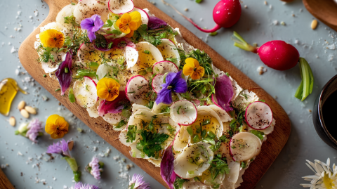 Ein Butter-Board, das mit Radieschenscheiben, essbaren Blüten, Frühlingszwiebeln, Petersilie und Kräutern sowie Honig und Salz und Pfeffer dekoriert ist. Um das Butter-Board herum liegen einzelne Radieschen, Salz, Kräuter und Blüten verstreut.