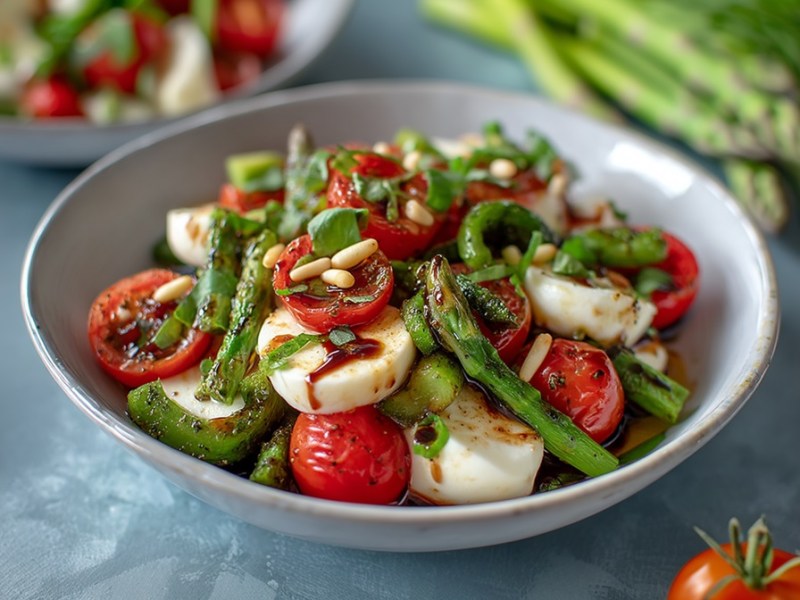 Schale mit Caprese-Salat mit grünem Spargel und Zutaten daneben