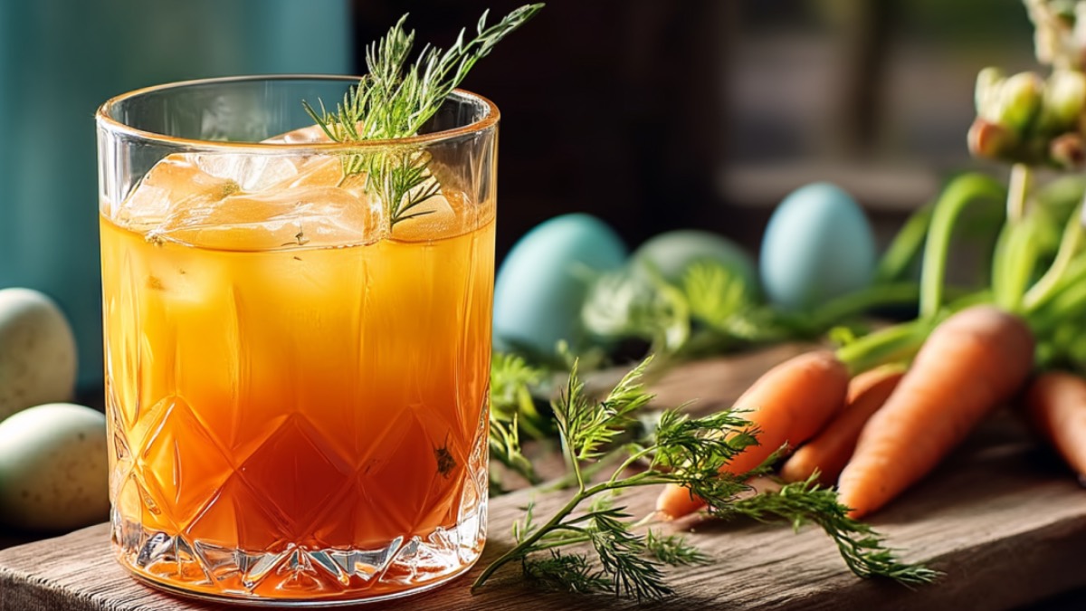 Ein Glas Carrot on the Rocks. Im Hintergrund liegen bunter Ostereier und Möhren.