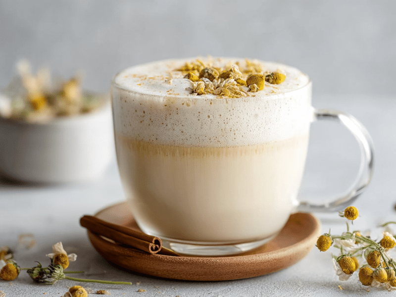 Eine Glastasse mit Chamomile Latte. Das Getränk ist mit getrockneten Kamillenblüten garniert. Die Tasse steht auf einem Holzuntersetzer, auf dem eine Zimtstange liegt. Außerdem liegen frische Zweige einer Kamillenpflanze verstreut.
