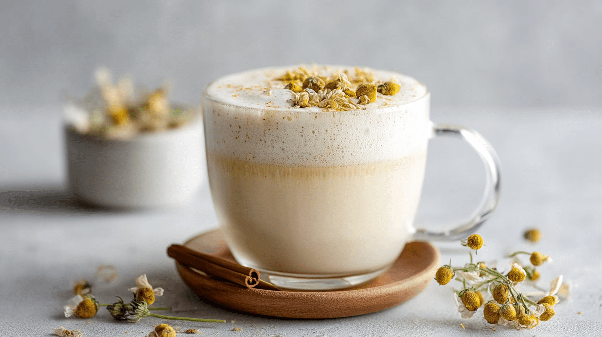 Eine Glastasse mit Chamomile Latte. Das Getränk ist mit getrockneten Kamillenblüten garniert. Die Tasse steht auf einem Holzuntersetzer, auf dem eine Zimtstange liegt. Außerdem liegen frische Zweige einer Kamillenpflanze verstreut.