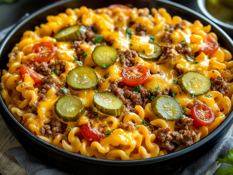 Eine Auflaufform mit Cheeseburger-Nudelauflauf auf einer Holzunterlage. Er ist mit Nudeln, Tomaten, Gürkchenscheiben und Hackfleisch zubereitet. Drumherum liegen noch einige frische Kräuter sowie kleine Tomaten.