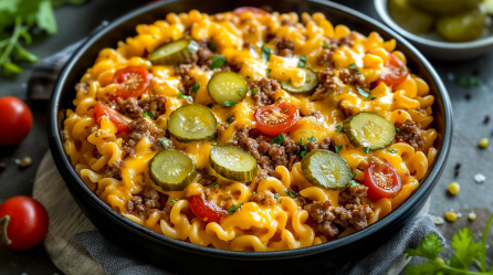 Eine Auflaufform mit Cheeseburger-Nudelauflauf auf einer Holzunterlage. Er ist mit Nudeln, Tomaten, Gürkchenscheiben und Hackfleisch zubereitet. Drumherum liegen noch einige frische Kräuter sowie kleine Tomaten.