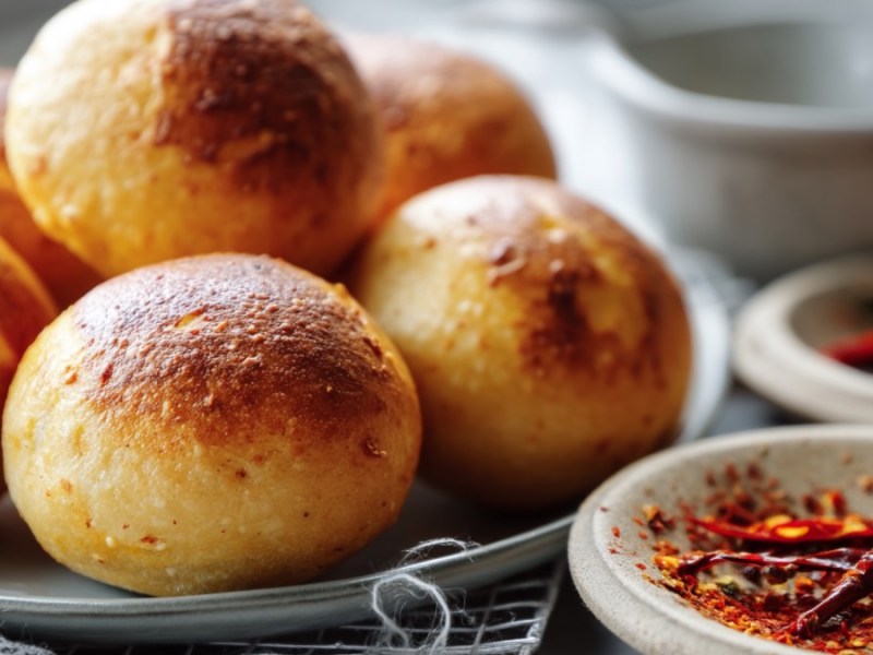 Mehrere Chilibrötchen aufgestapelt auf einem Teller. Daneben Chilischoten in Schalen.