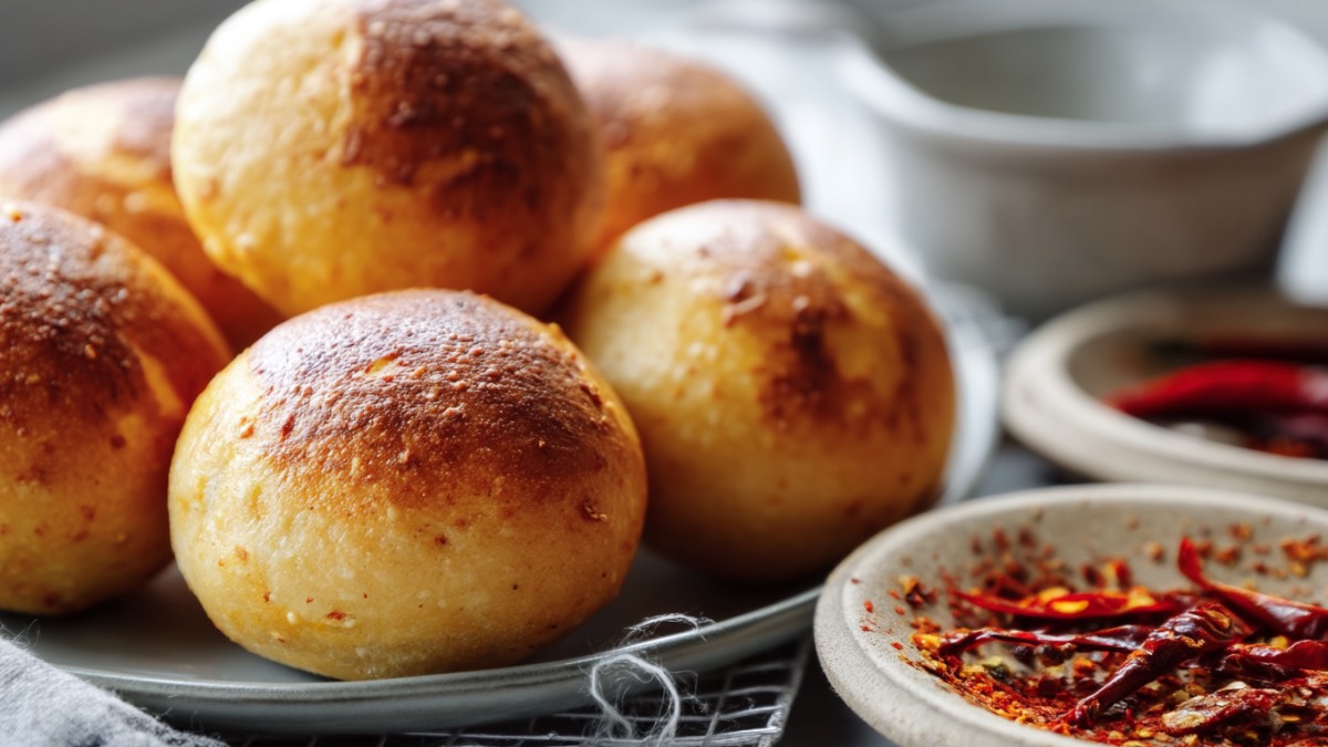 Mehrere Chilibrötchen aufgestapelt auf einem Teller. Daneben Chilischoten in Schalen.
