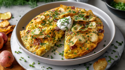 Ein großer Teller mit einer runden Chips-Frittata, die mit einem Klecks Schmand und etwas frisch gehacktem Schnittlauch garniert ist. Links neben dem Teller liegen einige Stiele und Röllchen Schnittlauch. Im Hintergrund ist eine kleine Schale mit frischen Kräutern zu sehen.
