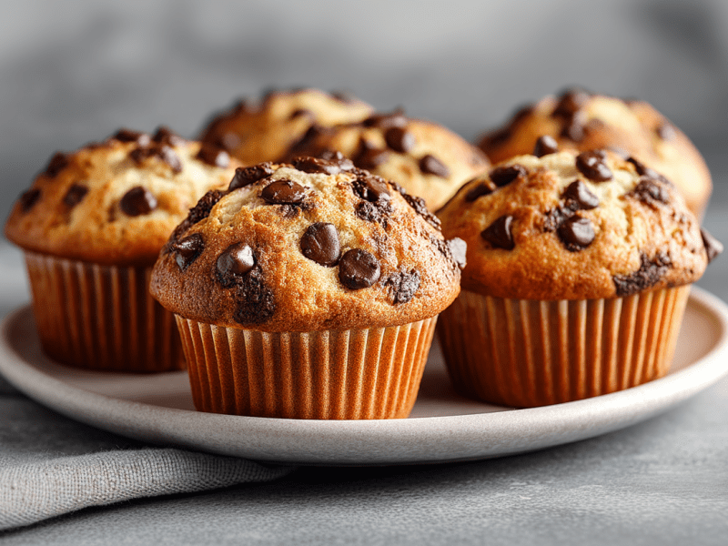 Sechs Chocolate-Chip-Muffins stehen auf einem grauen Teller in grauer Umgebung.
