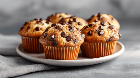 Sechs Chocolate-Chip-Muffins stehen auf einem grauen Teller in grauer Umgebung.