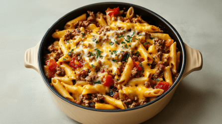 Cowboy-Nudeltopf auf hellem Untergrund. Das Rezept ist mit Nudeln, Hackfleisch, Käse, Paprika und Tomaten zubereitet.