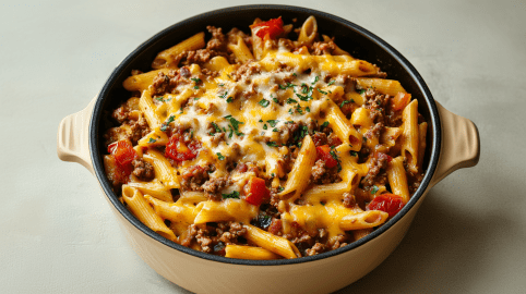 Cowboy-Nudeltopf auf hellem Untergrund. Das Rezept ist mit Nudeln, Hackfleisch, Käse, Paprika und Tomaten zubereitet.