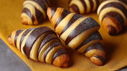 Croissants Bicolore auf einem hellen Geschirrtuch.