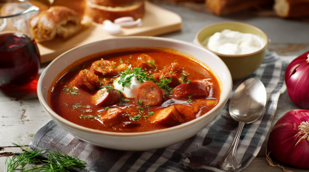 Eine Schüssel mit Currywurstsuppe steht auf einem Tuch auf einem Holztisch. Links im Bild steht ein Glas mit Öl, im Hintergrund sieht man etwas Brot. Rechts neben der Schüssel steht ein Schälchen mit Schmand, ein Löffel sowie zwei rote Zwiebeln. Vor der Schale liegen ein paar frische Kräuter.