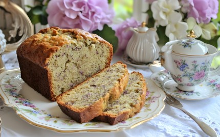 Angeschnittener Earl-Grey-Lavendelkuchen auf einem Tisch