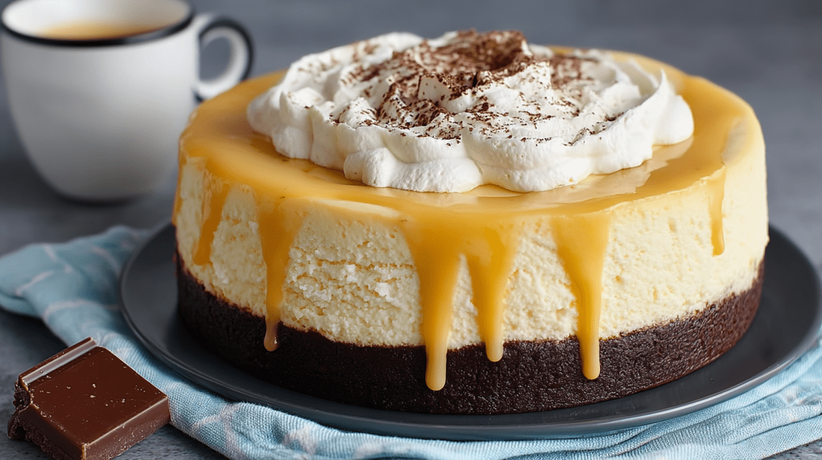 Ein rundes Blech mit einem Eierlikör-Käsekuchen. Der Kuchen hat einen dunklen Schokoladenboden und ist mit Eierlikör, Schlagsahne und Kakaopulver garniert. Neben dem Kuchen steht eine Tasse Kaffee und es liegt ein Stück Schokolade herum.