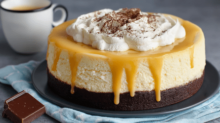 Ein rundes Blech mit einem Eierlikör-Käsekuchen. Der Kuchen hat einen dunklen Schokoladenboden und ist mit Eierlikör, Schlagsahne und Kakaopulver garniert. Neben dem Kuchen steht eine Tasse Kaffee und es liegt ein Stück Schokolade herum.
