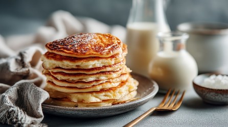 Ein Stapel Eierlikör-Pancakes auf einem Teller, im Hintergrund zwei Flaschen Eierlikör, neben dem Teller eine Serviette aus Stoff.