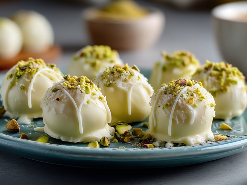 Ein Teller mit einigen Eierlikör-Pralinen.