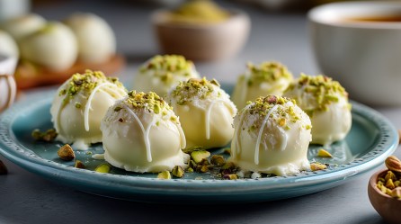 Ein Teller mit einigen Eierlikör-Pralinen.