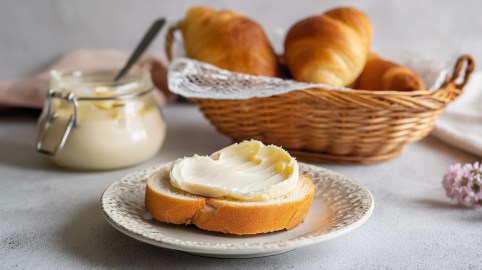 Eine Scheibe Baguette mit Eierlikör-Schoko-Aufstrich, dahinter ein Korb mit Croissants und ein Glas Aufstrich.