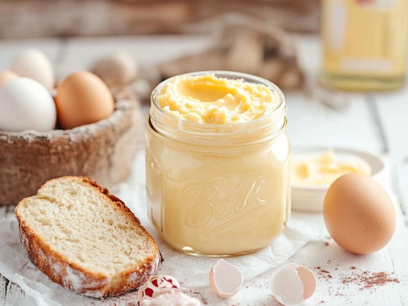 Glas mit Eierlikör-Aufstrich auf einem Tisch mit Eiern und Brot daneben