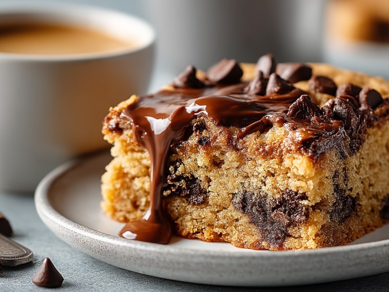 Ein Stück Erdnussbutterkuchen vom Blech auf einem Teller, garniert mit Schokotropfen und Schokosoße. Dahinter unscharf eine Tasse.