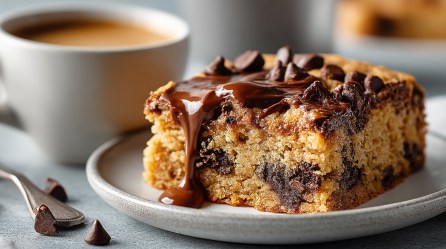 Ein Stück Erdnussbutterkuchen vom Blech auf einem Teller, garniert mit Schokotropfen und Schokosoße. Dahinter unscharf eine Tasse.