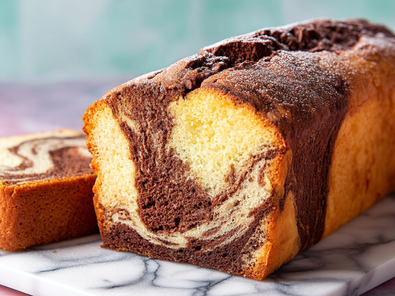 Eine Servierplatte aus Marmor, auf dem ein angeschnittener Espresso-Eierlikör-Marmorkuchen platziert ist.
