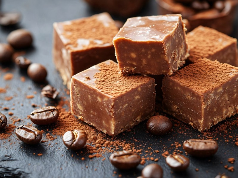 Mehrere Espresso-Fudge auf dunklem Untergrund, Kaffeebohnen daneben