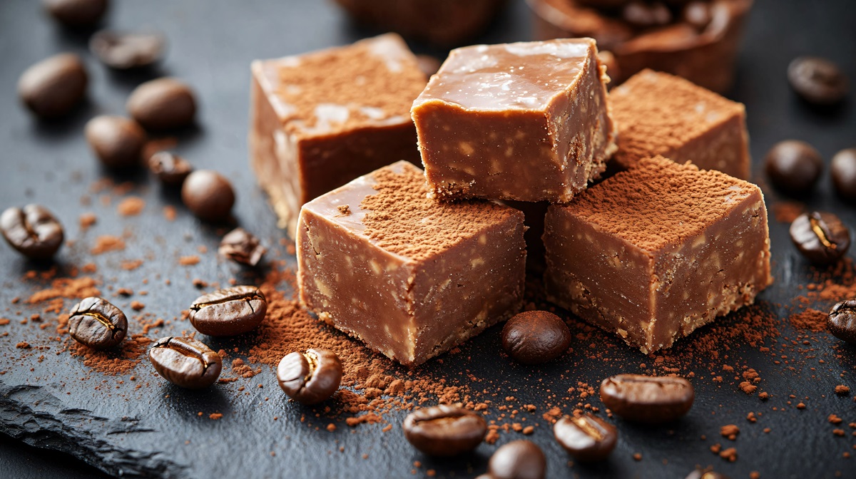 Mehrere Espresso-Fudge auf dunklem Untergrund, Kaffeebohnen daneben