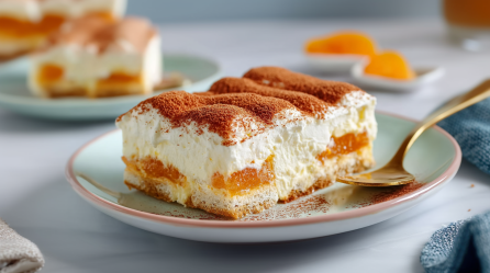 Ein Stück Fantakuchen ohne Backen auf einem grünen Teller. Daneben liegt ein goldener Löffel, Im Hintergrund sieht man weitere Stücke des Fantakuchen.