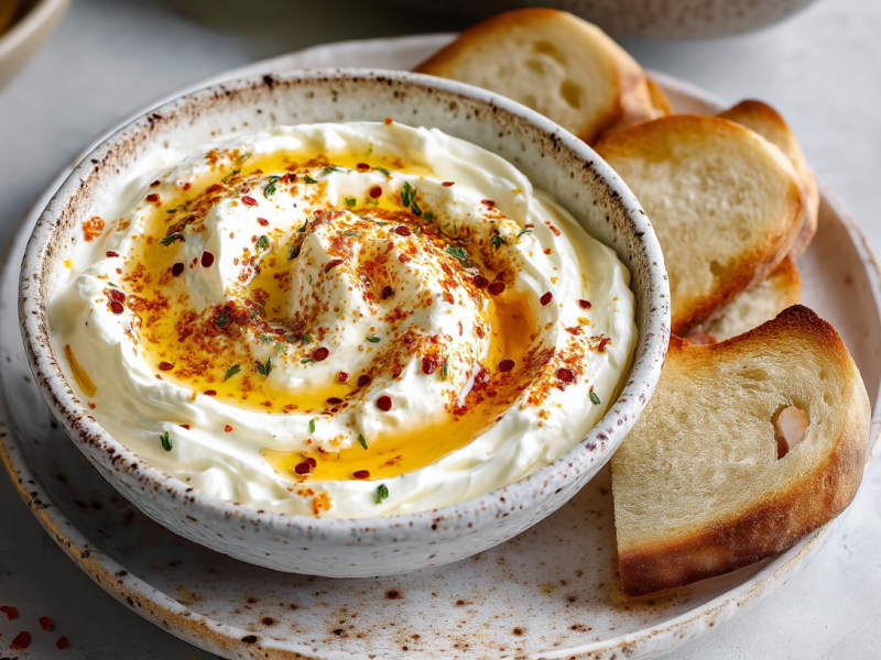Eine Schale mit Feta-Creme mit pikantem Honig auf einem Teller. Neben der Schale liegen drei geschnittene Stücke Brot. Links neben dem Teller liegen einige Chiliflocken. Rechts im Bild liegt etwas frischer Thymian.